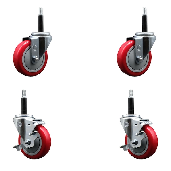 Service Caster 4'' SS Red Poly Wheel Swivel 3/4'' Expanding Stem Caster Set 2 Brakes, 4PK SCC-SSEX20S414-PPUB-RED-2-TLB-2-34 - main